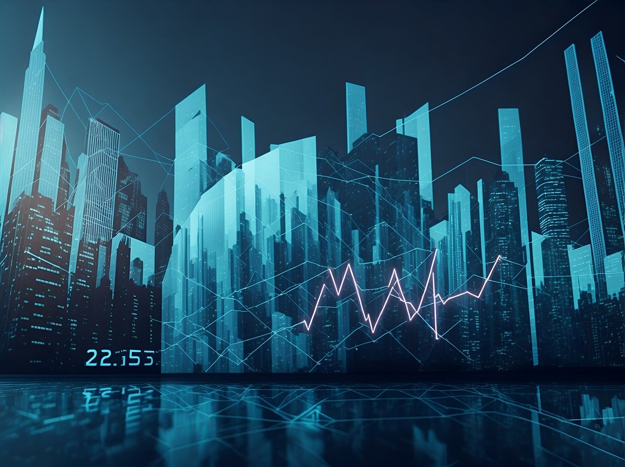 Finance, stock graphs, and cityscape